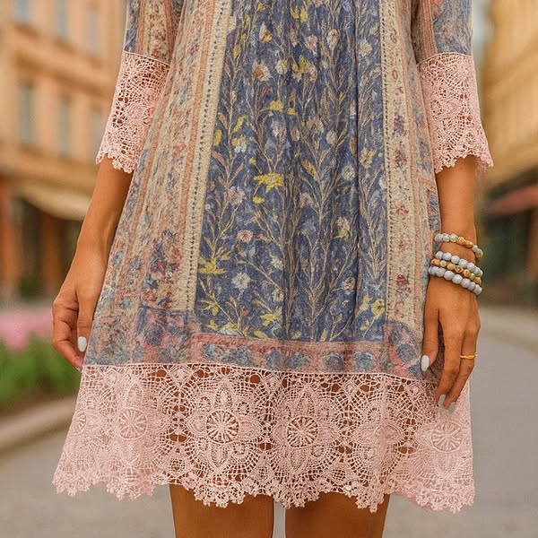 Elena Vintage Printed Lace Dress