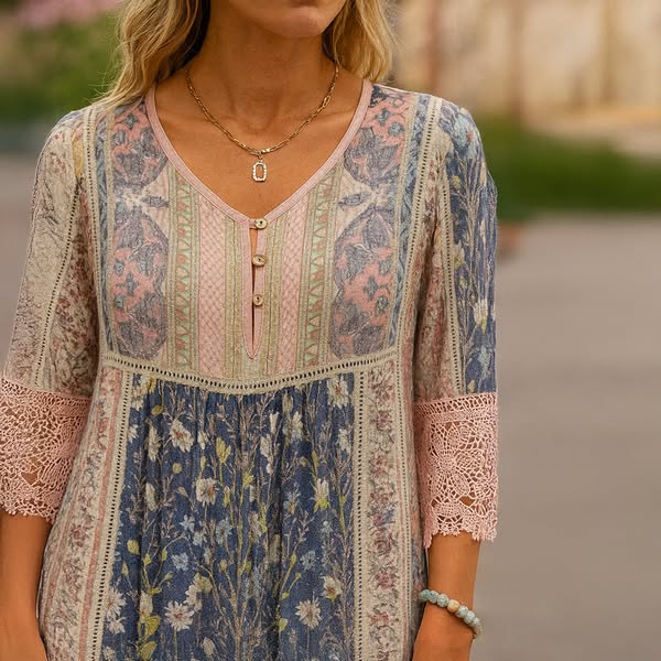 Elena Vintage Printed Lace Dress